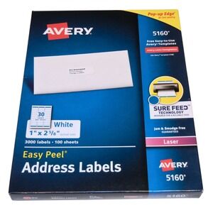 Avery 5160 Easy Peel Address Labels White Laser 1x2-5/8 In 3000 Count 100 Sheets
